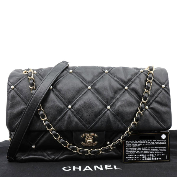 CHANEL CC Pearl Studded Flap Quilted Leather Crossbody Bag Black