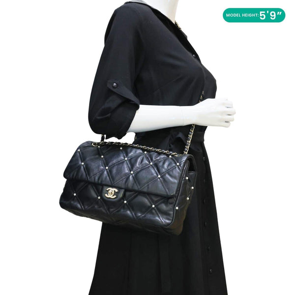 CHANEL CC Pearl Studded Flap Quilted Leather Crossbody Bag Black