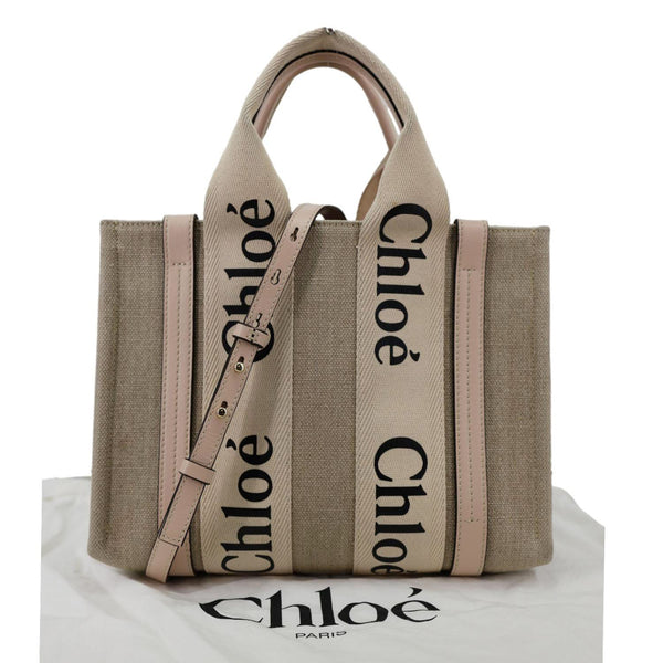 CHLOE Woody Small Linen Canvas Tote Bag Off White