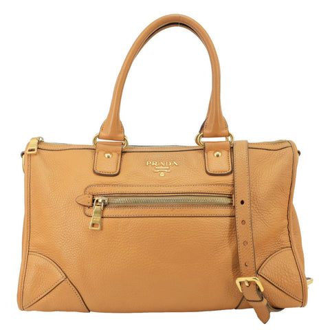 PRADA Vitello Daino Zip East West Deerskin Leather Top Handle Shoulder Bag Light Brown