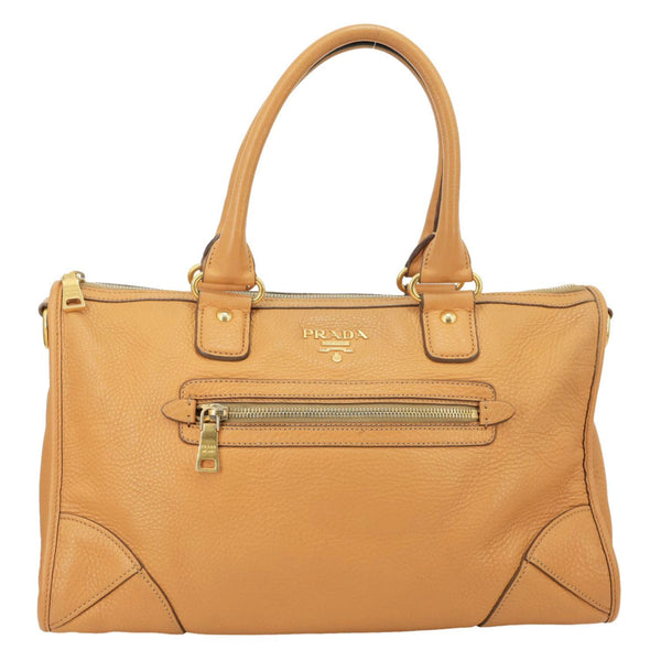 PRADA Vitello Daino Zip East West Deerskin Leather Top Handle Shoulder Bag Light Brown