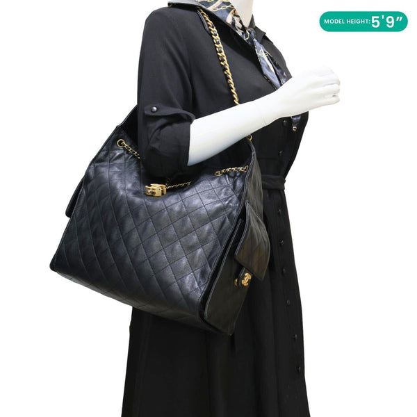 CHANEL 25 Medium Quilted Caviar Leather Chain Shoulder Bag Black