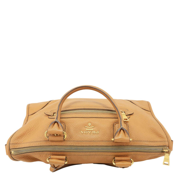 PRADA Vitello Daino Zip East West Deerskin Leather Top Handle Shoulder Bag Light Brown