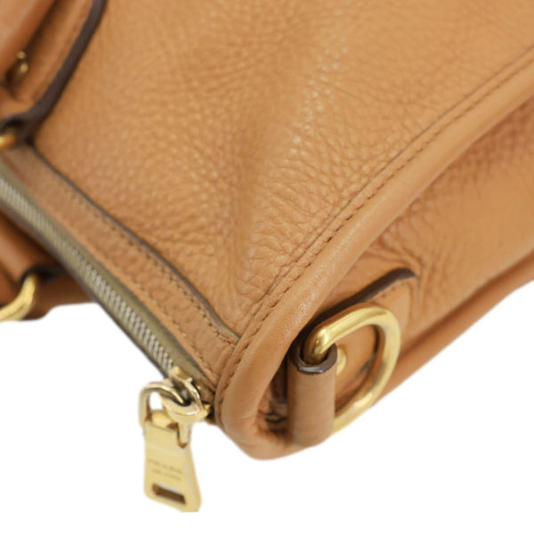 PRADA Vitello Daino Zip East West Deerskin Leather Top Handle Shoulder Bag Light Brown