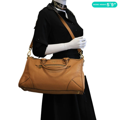 PRADA Vitello Daino Zip East West Deerskin Leather Top Handle Shoulder Bag Light Brown