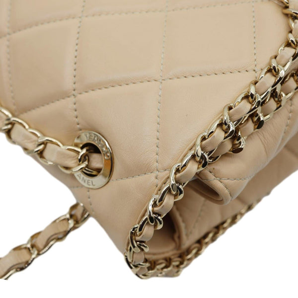 CHANEL Chain All Over Flap Medium Calfskin Crumpled Leather Crossbody Bag Beige