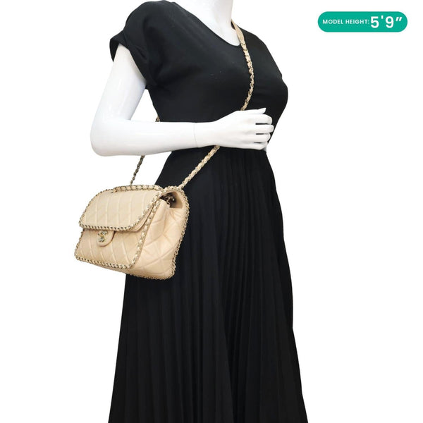 CHANEL Chain All Over Flap Medium Calfskin Crumpled Leather Crossbody Bag Beige