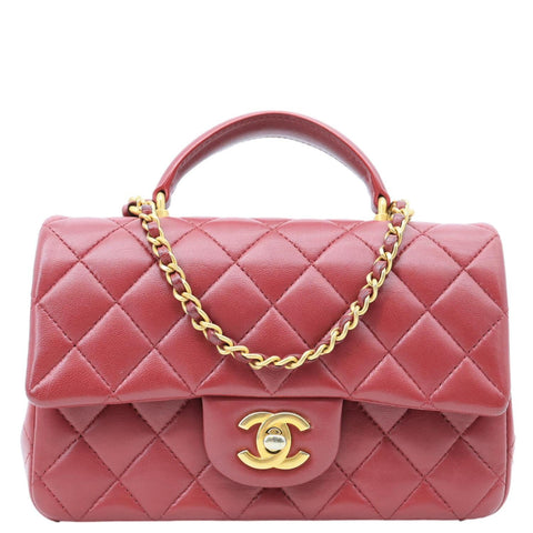 CHANEL Classic Rectangular Flap Mini Quilted Leather Top Handle Crossbody Bag Red