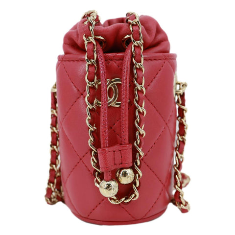 CHANEL CC Micro Quilted Lambskin Leather Drawstring Bucket Bag Red