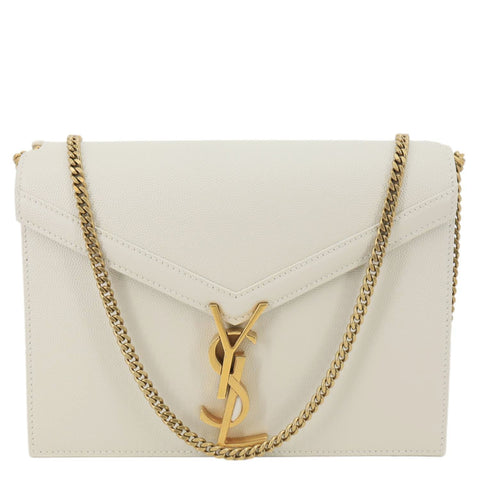 YVES SAINT LAURENT Cassandra Monogram Clasp Grain De Poudre Crossbody Bag Off White