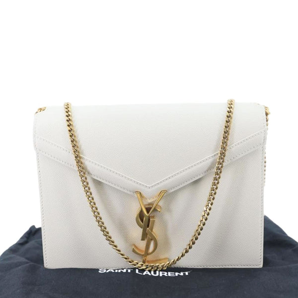 YVES SAINT LAURENT Cassandra Monogram Clasp Grain De Poudre Crossbody Bag Off White