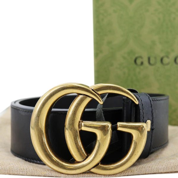 GUCCI Double G Marmont Buckle Smooth Leather Belt Size 75.30 Black 400593