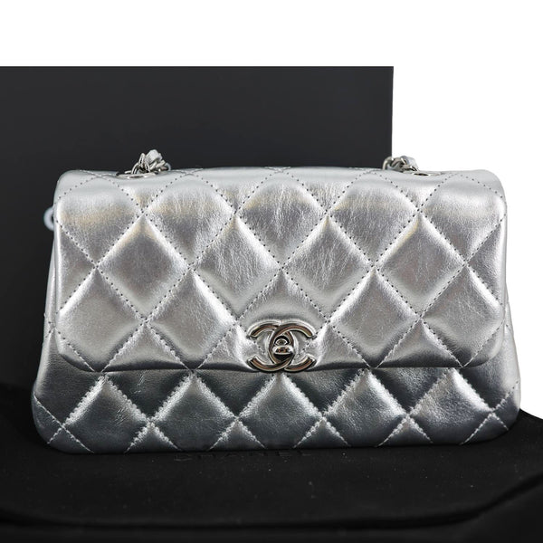 CHANEL Metallic O Phone Holder Quilted Lambskin Leather Chain Bag Silver