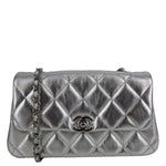 CHANEL Metallic O Phone Holder Quilted Lambskin Leather Chain Bag Silver