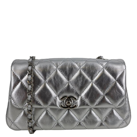 CHANEL Metallic O Phone Holder Quilted Lambskin Leather Chain Bag Silver