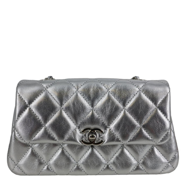 CHANEL Metallic O Phone Holder Quilted Lambskin Leather Chain Bag Silver