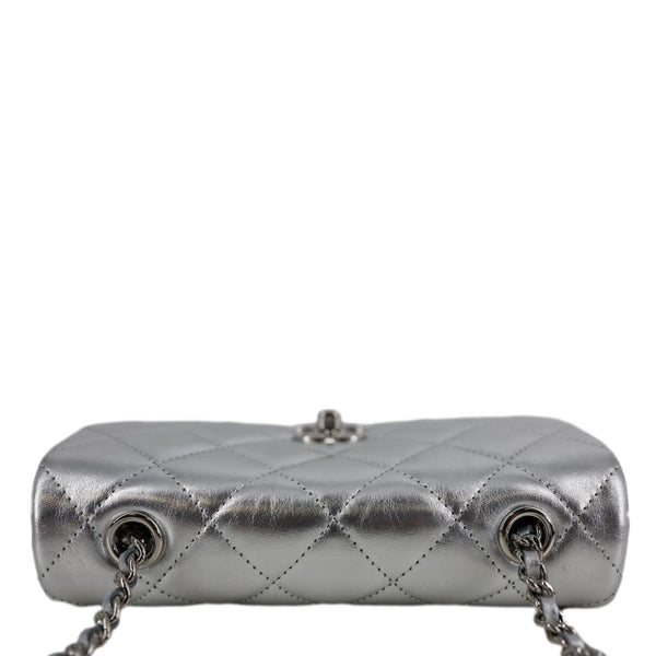 CHANEL Metallic O Phone Holder Quilted Lambskin Leather Chain Bag Silver