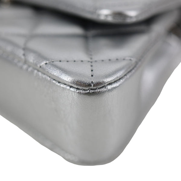 CHANEL Metallic O Phone Holder Quilted Lambskin Leather Chain Bag Silver