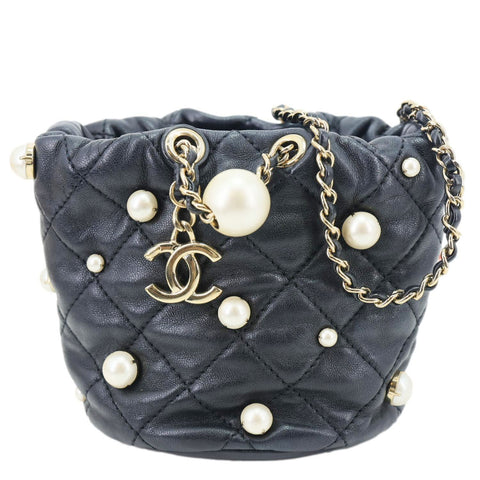 Chanel About Pearls Mini Quilted Lambskin Leather Drawstring Bucket Crossbody Bag Black