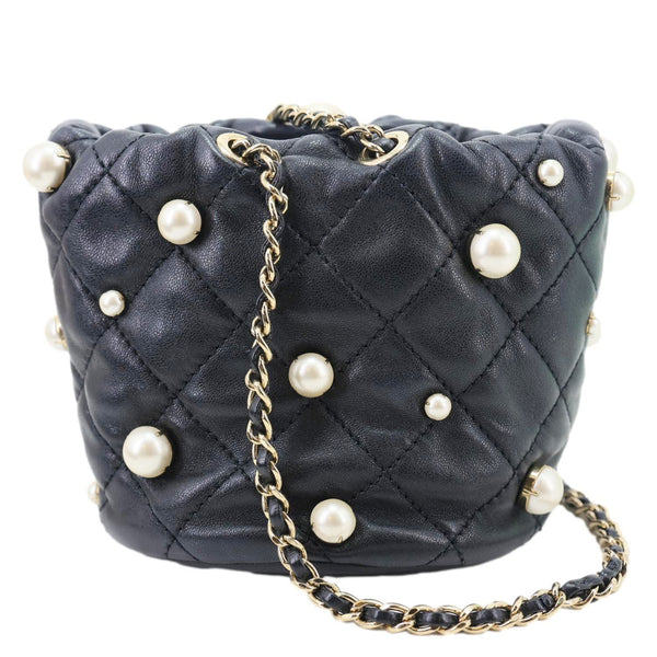 Chanel About Pearls Mini Quilted Lambskin Leather Drawstring Bucket Crossbody Bag Black
