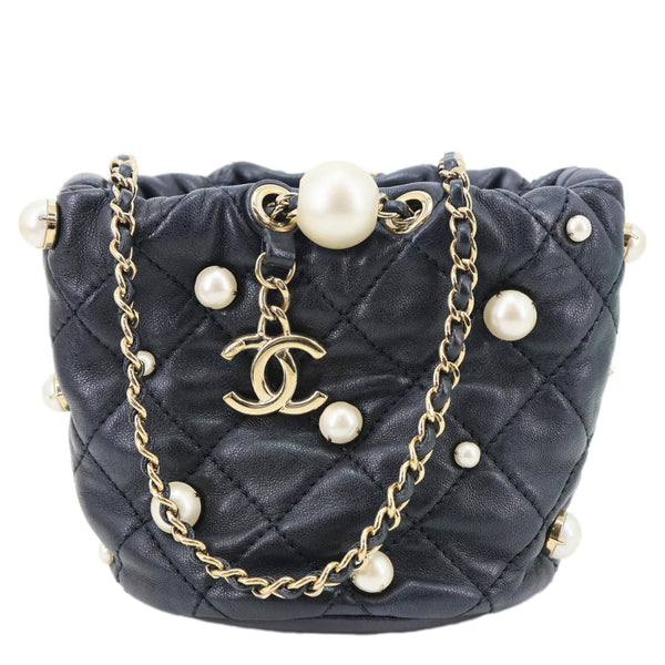 Chanel About Pearls Mini Quilted Lambskin Leather Drawstring Bucket Crossbody Bag Black