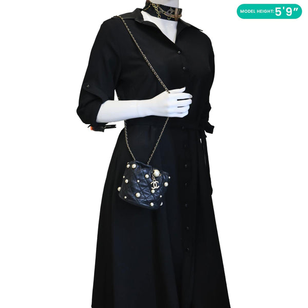 Chanel About Pearls Mini Quilted Lambskin Leather Drawstring Bucket Crossbody Bag Black