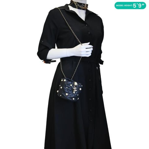 Chanel About Pearls Mini Quilted Lambskin Leather Drawstring Bucket Crossbody Bag Black