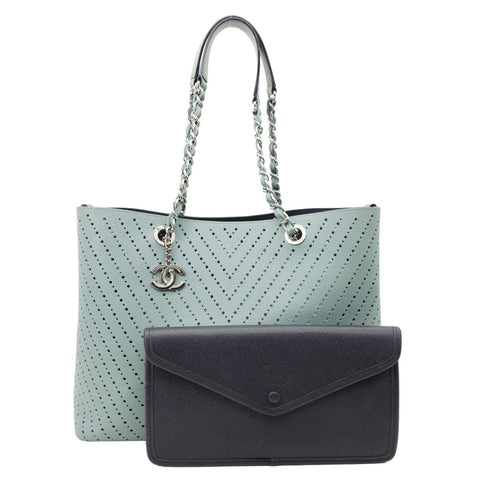 CHANEL Perforated Grained Calfskin Leather Shopping Tote Bag Green