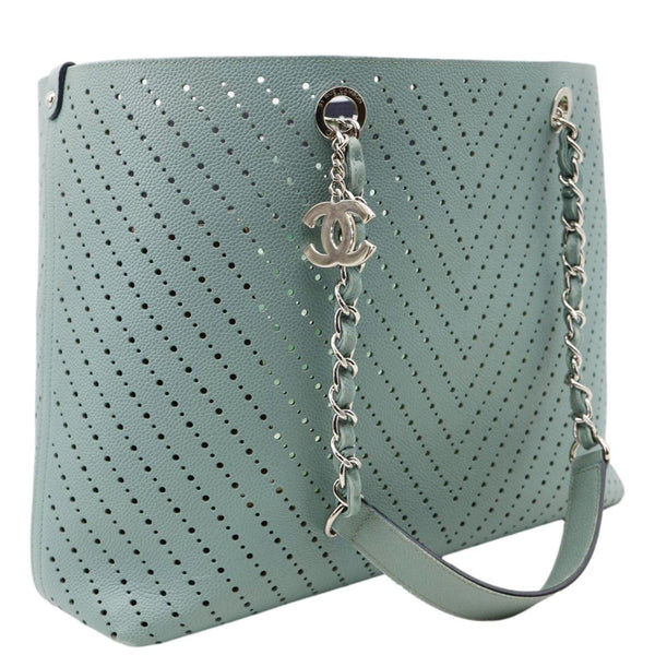 CHANEL Perforated Grained Calfskin Leather Shopping Tote Bag Green