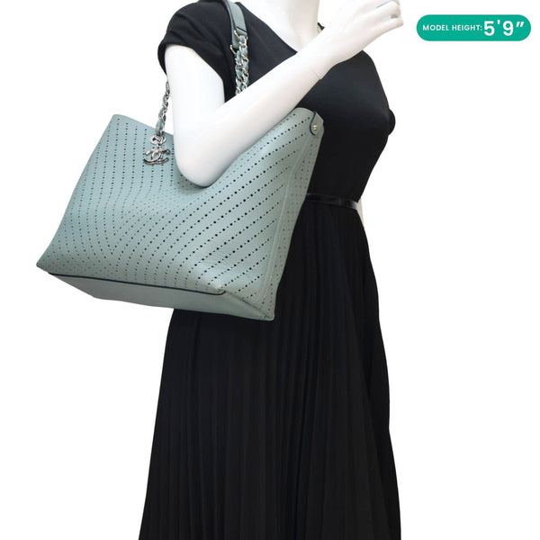 CHANEL Perforated Grained Calfskin Leather Shopping Tote Bag Green