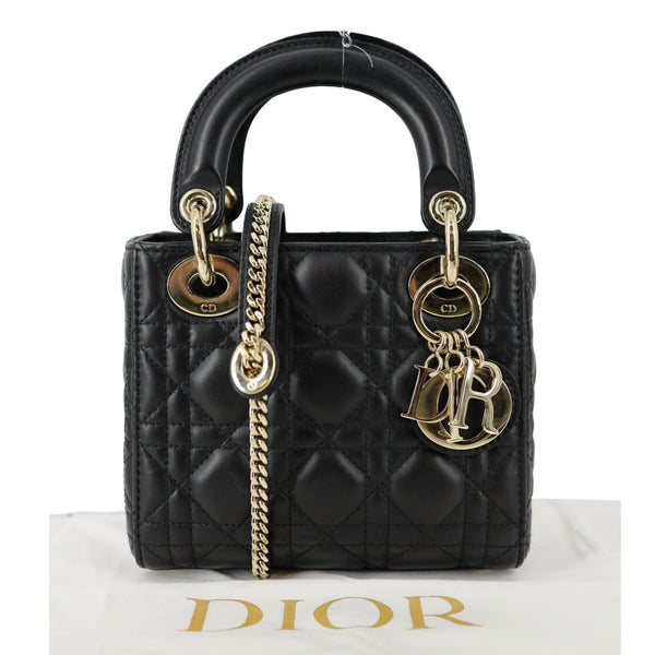 CHRISTIAN DIOR Lady Dior Mini Cannage Lambskin Leather Tote Shoulder Bag Black