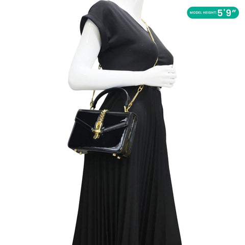 GUCCI Sylvie 1969 Mini Patent Leather Top Handle Crossbody Bag Black 589479