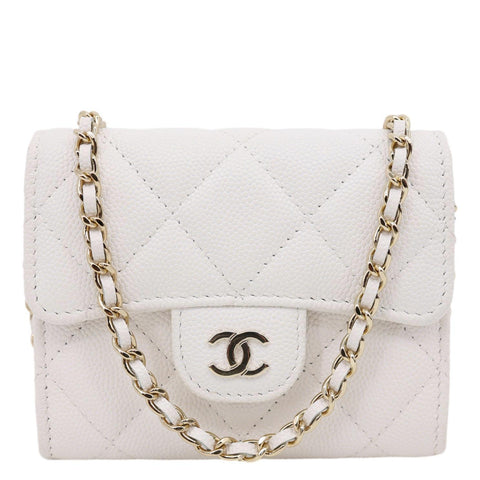 CHANEL Classic Flap Small Caviar Quilted Leather Chain Wallet  White