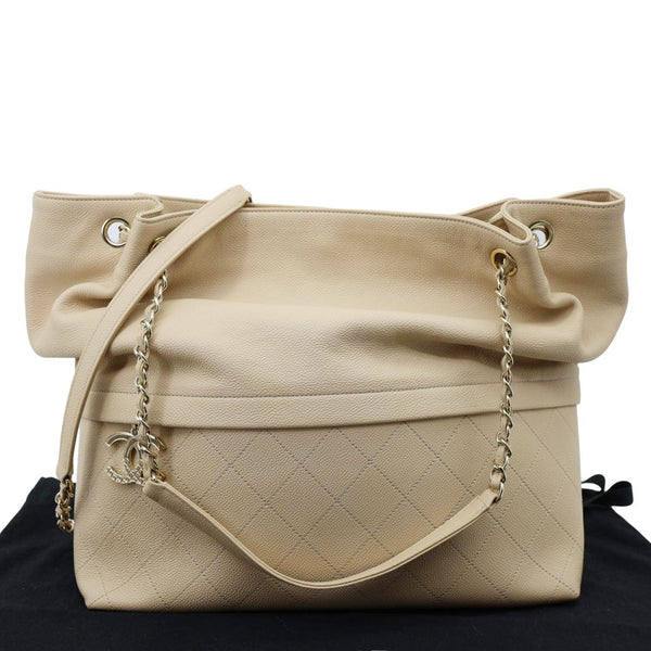 CHANEL Zip Carry Crumpled Grained Calfskin leather Shopping Tote Bag Beige