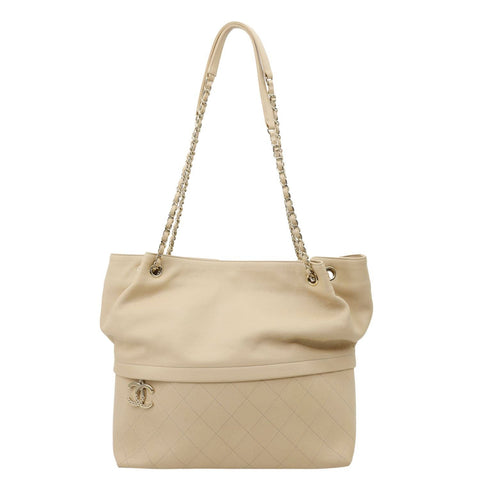 CHANEL Zip Carry Crumpled Grained Calfskin leather Shopping Tote Bag Beige