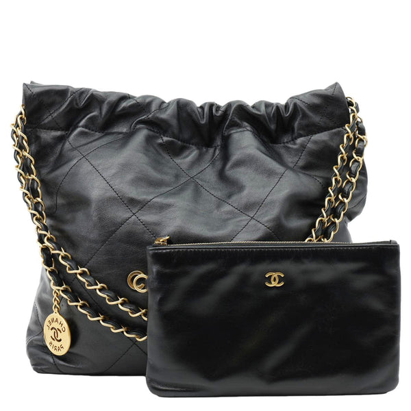 CHANEL 22 Small Shiny Calfskin Leather Chain Crossbody Bag Black