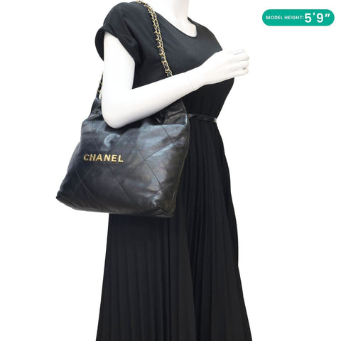 CHANEL 22 Small Shiny Calfskin Leather Chain Crossbody Bag Black