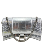 BALENCIAGA Hourglass Calfskin Crocodile Embossed Leather Chain Crossbody Bag Silver