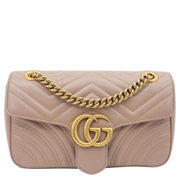GUCCI GG Marmont Medium Matelasse Chevron Leather Crossbody Bag Taupe - Front View