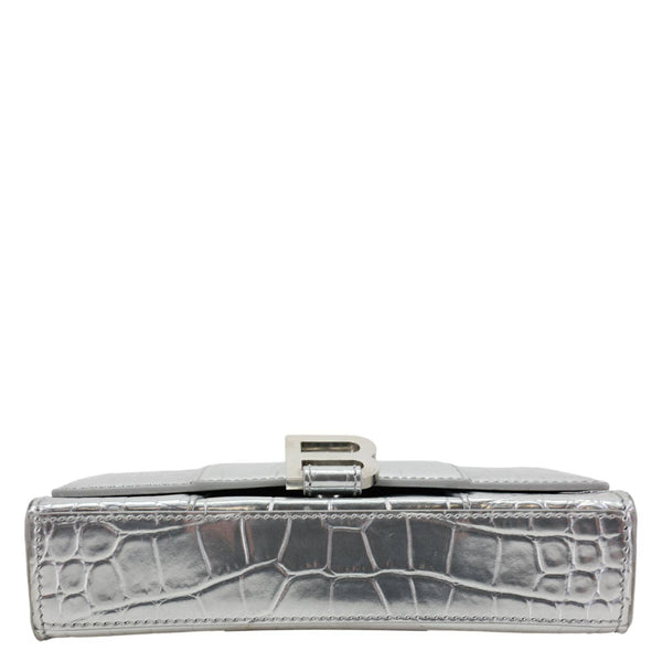 BALENCIAGA Hourglass Calfskin Crocodile Embossed Leather Chain Crossbody Bag Silver