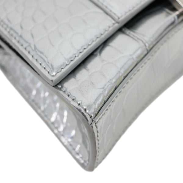 BALENCIAGA Hourglass Calfskin Crocodile Embossed Leather Chain Crossbody Bag Silver