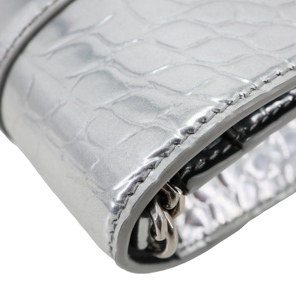 BALENCIAGA Hourglass Calfskin Crocodile Embossed Leather Chain Crossbody Bag Silver