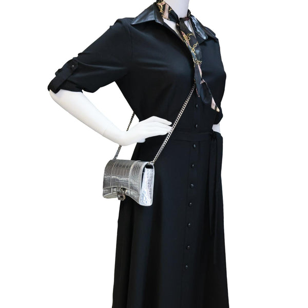 BALENCIAGA Hourglass Calfskin Crocodile Embossed Leather Chain Crossbody Bag Silver