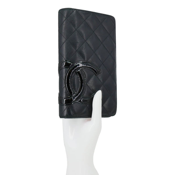 CHANEL Cambon Yen Leather Long Bifold Wallet Black