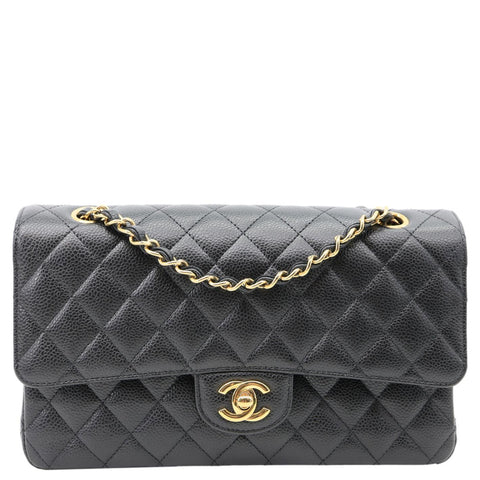 CHANEL Classic Double Flap Medium Quilted Caviar Leather Shoulder Bag Black