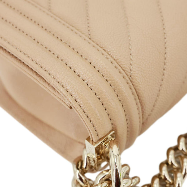 CHANEL Boy Flap Small Chevron Leather Shoulder Bag Beige