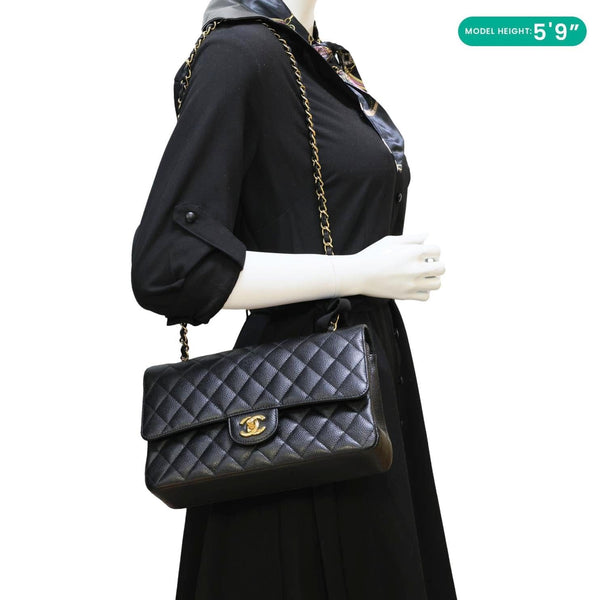 CHANEL Classic Double Flap Medium Quilted Caviar Leather Shoulder Bag Black
