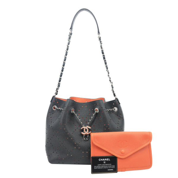 CHANEL CC Drawstring Medium Perforated Caviar Bucket Bag Black