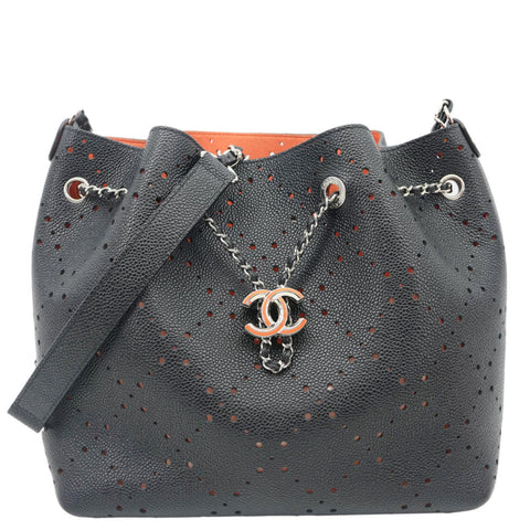 CHANEL CC Drawstring Medium Perforated Caviar Bucket Bag Black