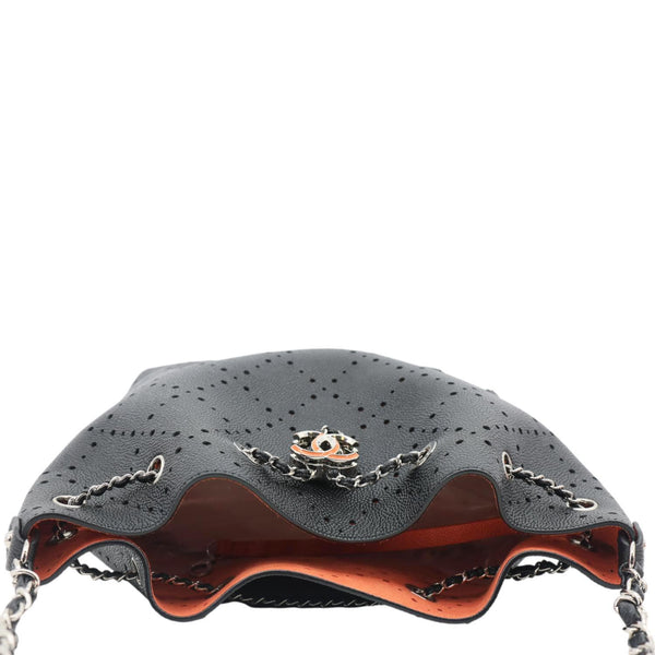 CHANEL CC Drawstring Medium Perforated Caviar Bucket Bag Black